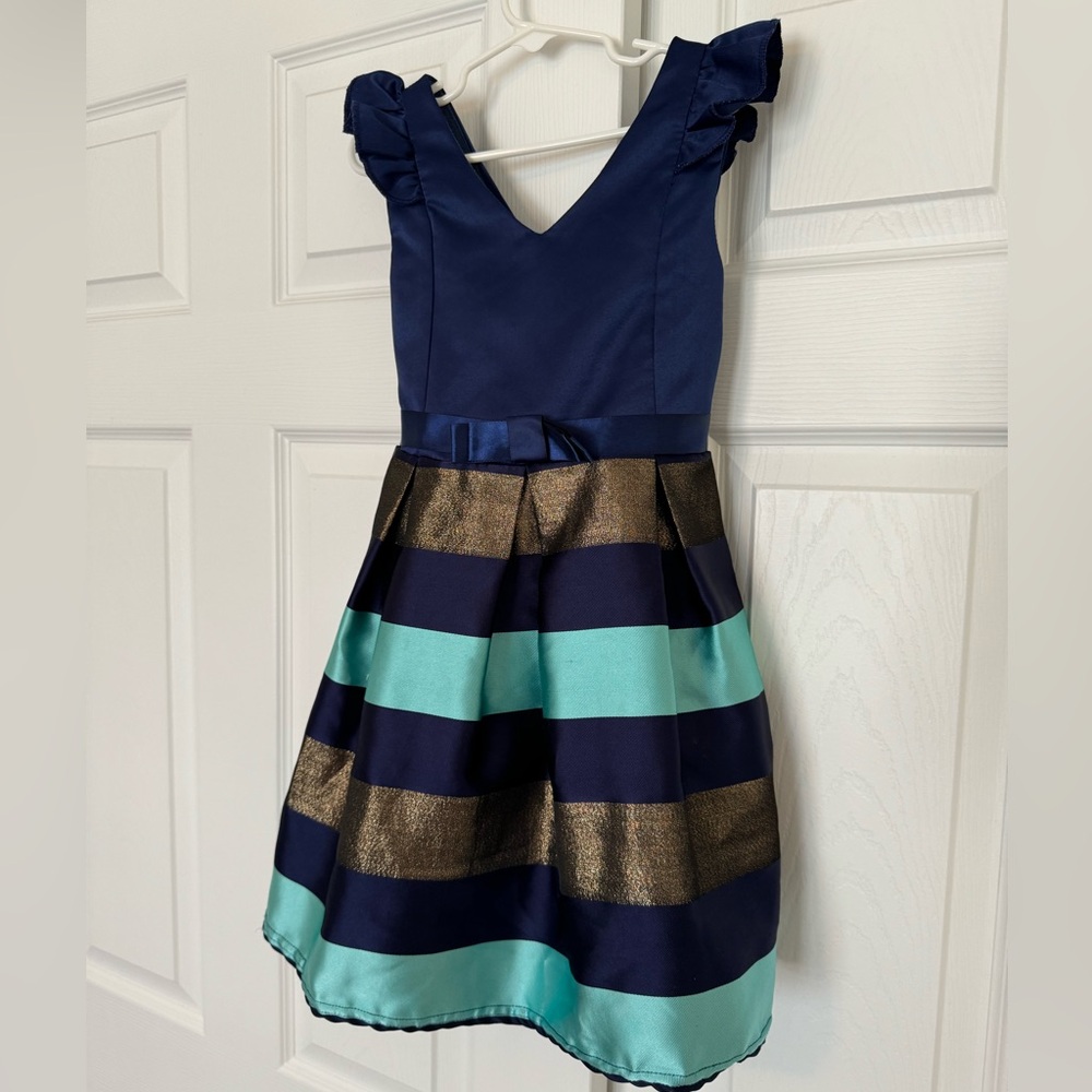 Silky Navy blue, gold and teal girls dress size 5/6
